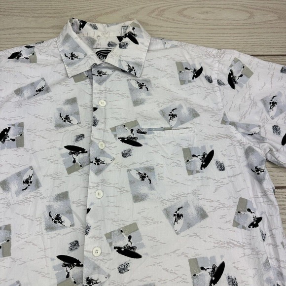 Southpole Surfer Print Cotton Short Sleeve Button Down‎ Shirt White/Blue/Tan M - Picture 1 of 6